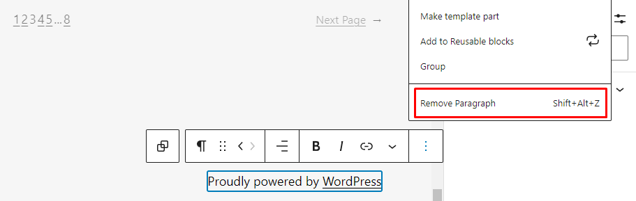 opção de remover parágrafo no editor de blocos do wordpress