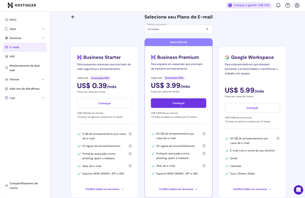 selecionar plano de email no hpanel