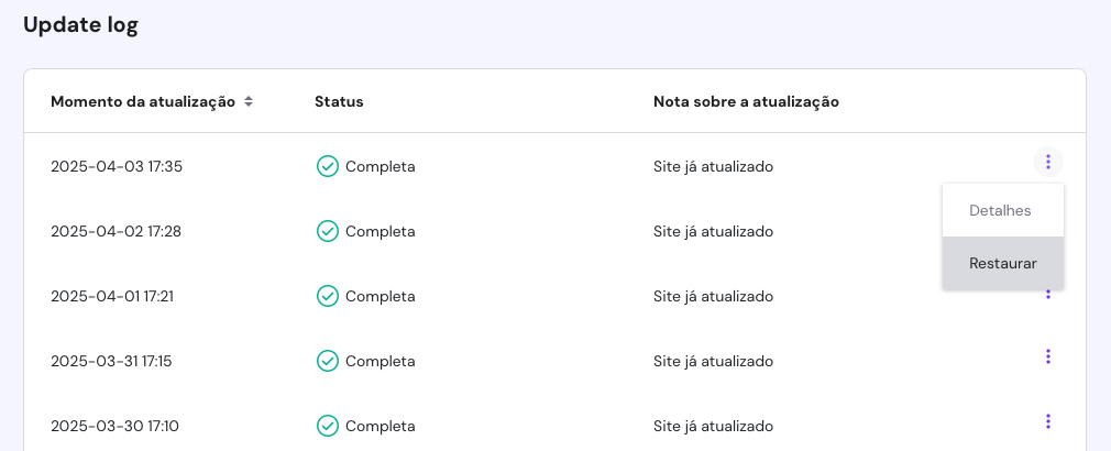 opção restaurar em destaque no campo update log do hpanel
