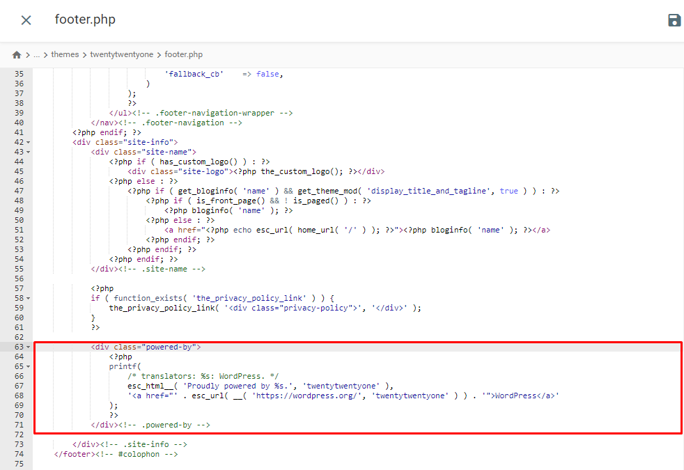 apagando parte do crédito no arquivo footer.php do tema do wordpress
