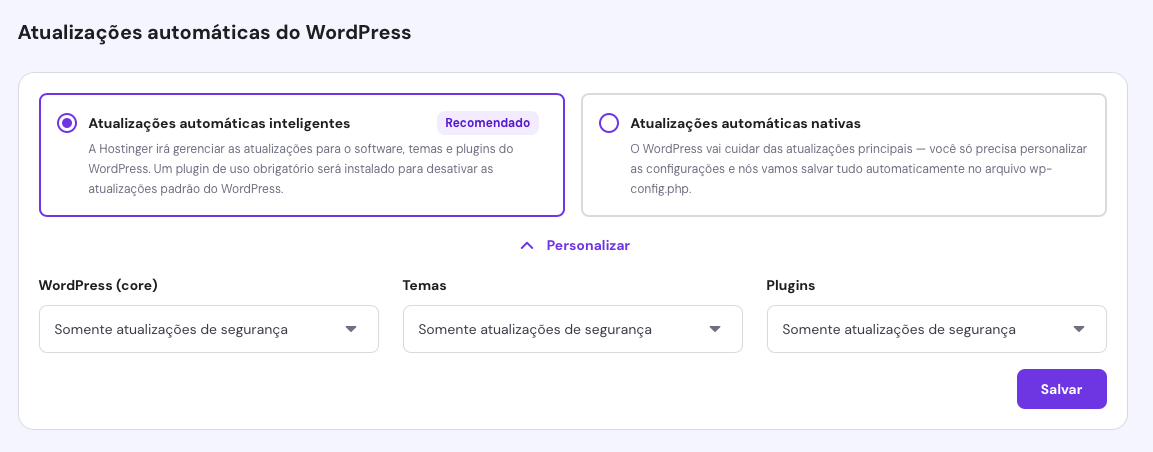 recurso de atualizações automáticas inteligentes do wordpress no hpanel