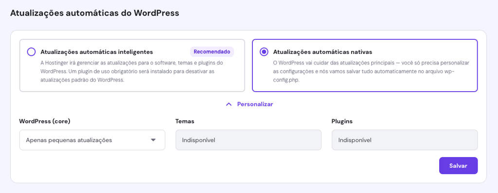 recurso de atualizações automáticas nativas do wordpress no hpanel