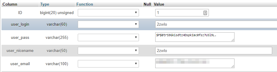 campos de informação de configuração de usuário no phpadmin do wordpress