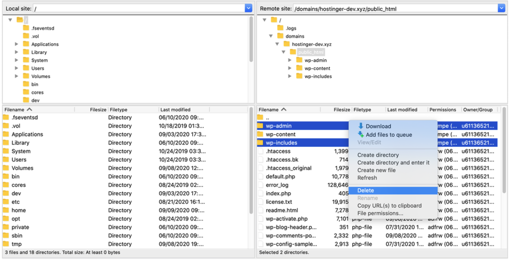 apagando as pastas wp-admin e wp-includes do wordpress no filezilla