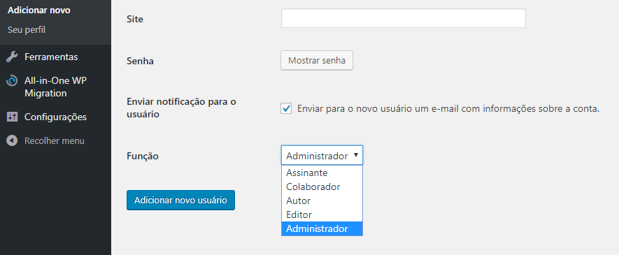opção de marcar como administrador um novo usuário criado no wordpress