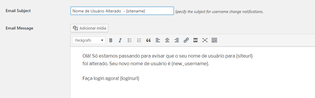 mensagem de confirmação de email sobre alteração de nome de usuário WordPress