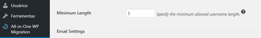 determinando número mínimo e máximo de caracteres para usuários wordpress