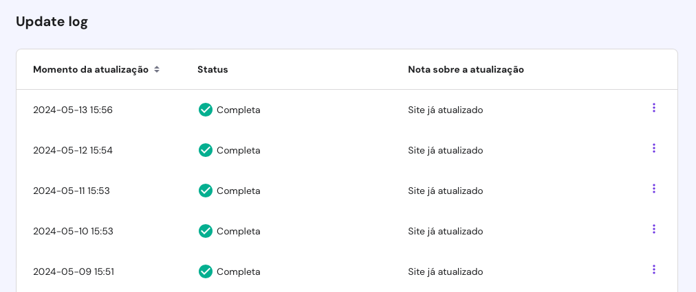 &aacute;rea update log com registros de atualiza&ccedil;&otilde;es do wordpress no hpanel