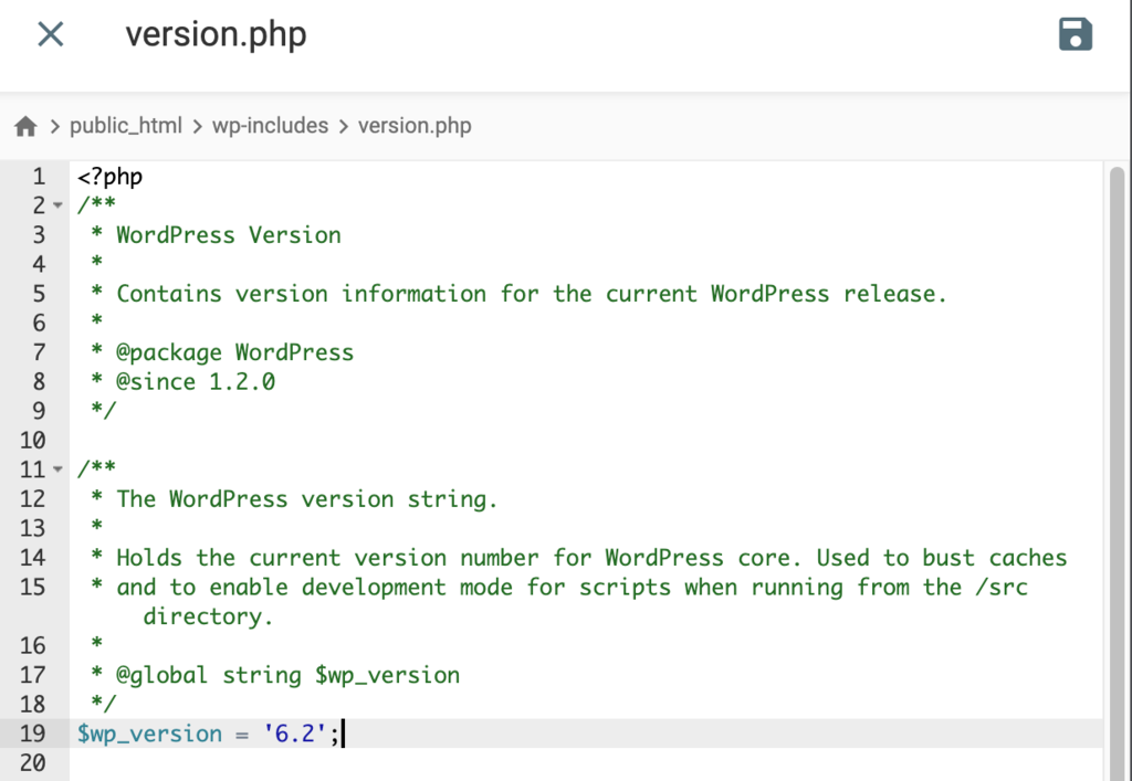 O conteúdo do arquivo version.php no Gerenciador de arquivos da Hostinger
