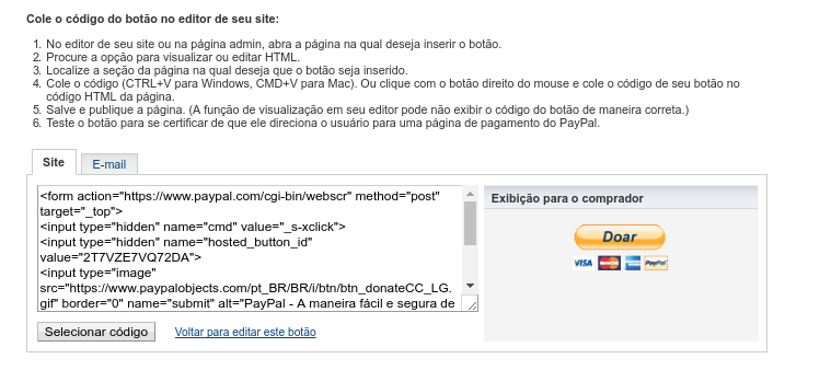 copiando o código do botão do paypal