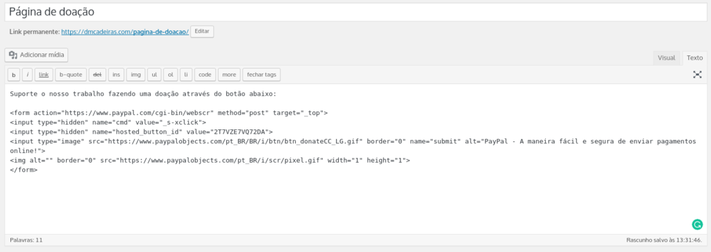 colando o código do botão do paypal no site