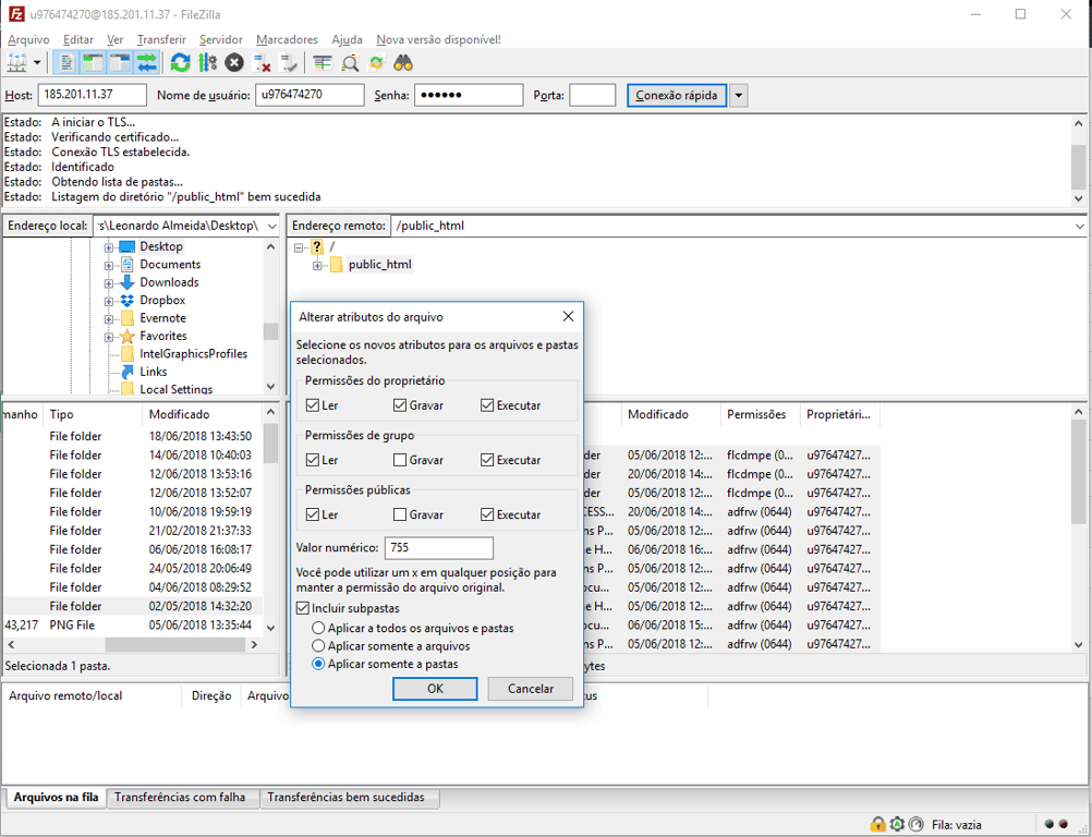 alterando atributos e permissões de arquivo pelo cliente ftp