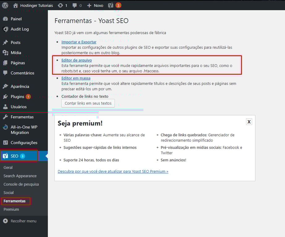 op&ccedil;&atilde;o de editor de arquivo robots.txt no yoast seo