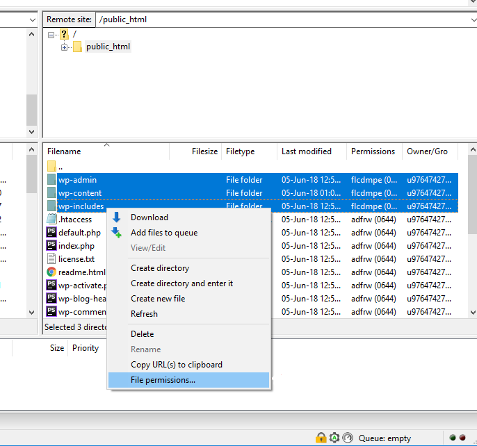 usando filezilla para reparar permissões de arquivos