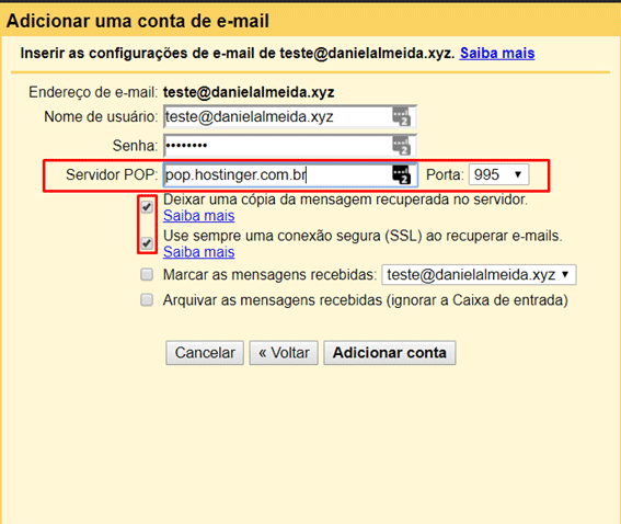 Opções para adicionar um e-mail ao Gmail
