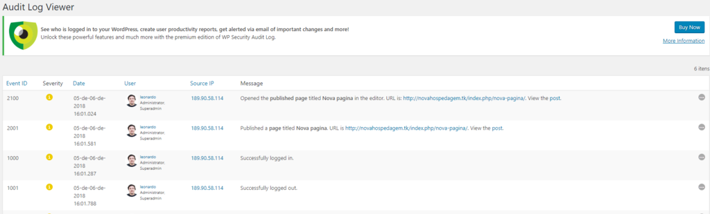 tela de banco de dados do plugin wp security audit