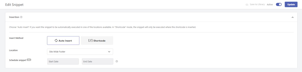 opção auto insert do plugin wpcode