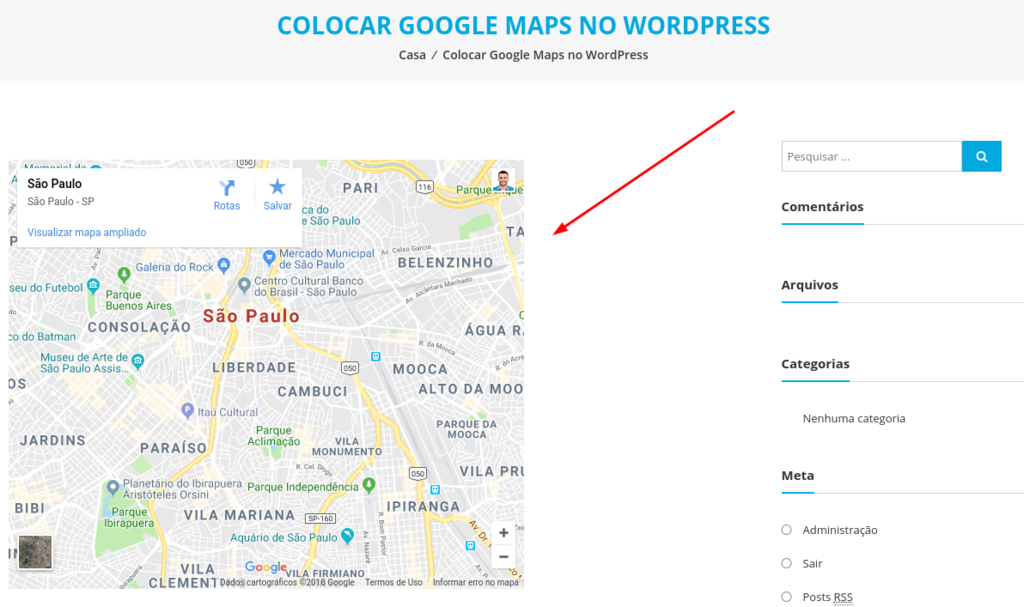 mapa colocado numa p&aacute;gina no seu blog wordpress