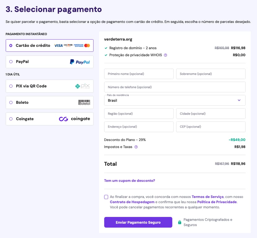 selecionando op&ccedil;&atilde;o de pagamento: como registrar um dom&iacute;nio com a hostinger