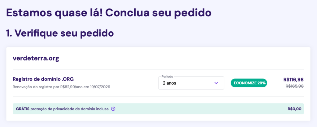 comprando dom&iacute;nio com a hostinger