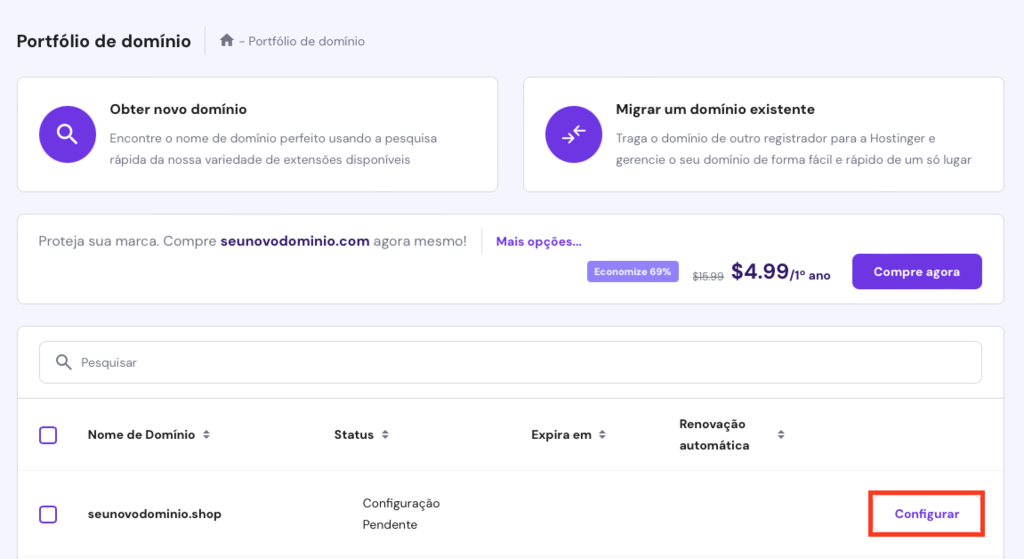 configurar dom&iacute;nio rec&eacute;m-comprado no hpanel