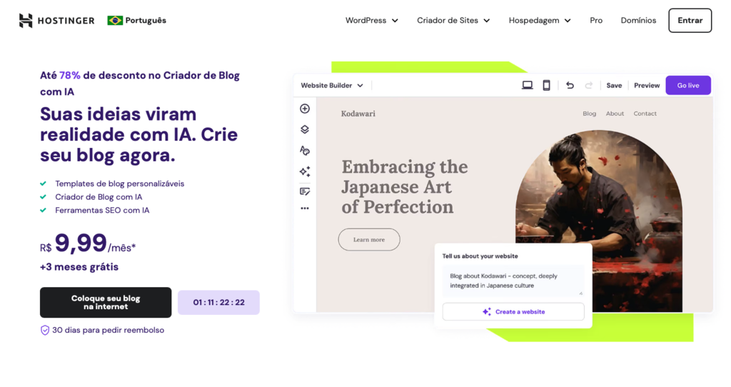 landing page do criador de blogs da hostinger