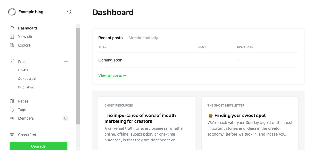 painel de administra&ccedil;&atilde;o da plataforma de blog ghost
