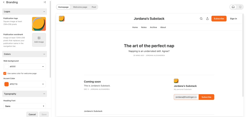 Configura&ccedil;&otilde;es de personaliza&ccedil;&atilde;o do Substack com op&ccedil;&otilde;es de layout e cores da p&aacute;gina.