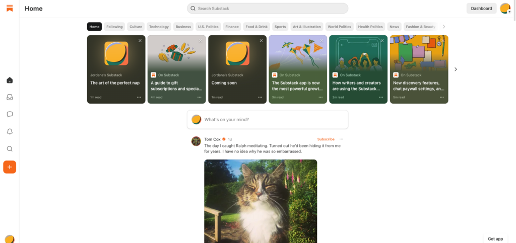 Tela principal do Substack exibindo o feed de publica&ccedil;&otilde;es e perfis de escritores.