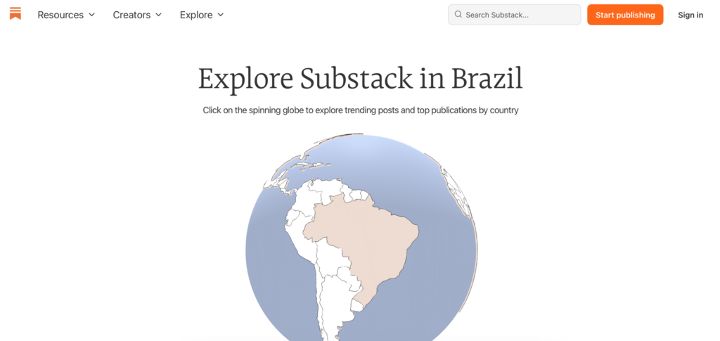 P&aacute;gina inicial do Substack com destaque para op&ccedil;&otilde;es de cria&ccedil;&atilde;o de newsletter e login de usu&aacute;rios.