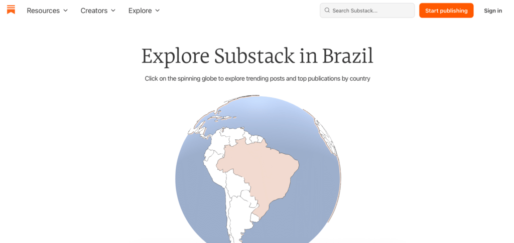 P&aacute;gina inicial do Substack com destaque para op&ccedil;&otilde;es de cria&ccedil;&atilde;o de newsletter e login de usu&aacute;rios.