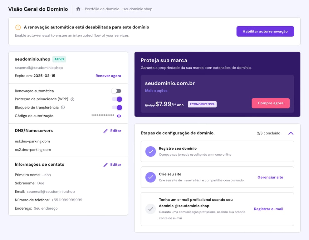 tela de vis&atilde;o geral do dom&iacute;nio no hpanel