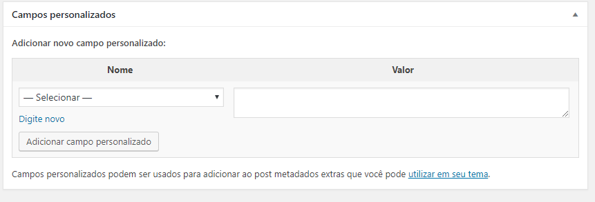 ativando a op&ccedil;&atilde;o de campos personalizados no WordPress