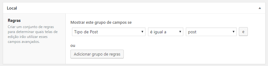 configurando as regras do campo personalizado no WordPress