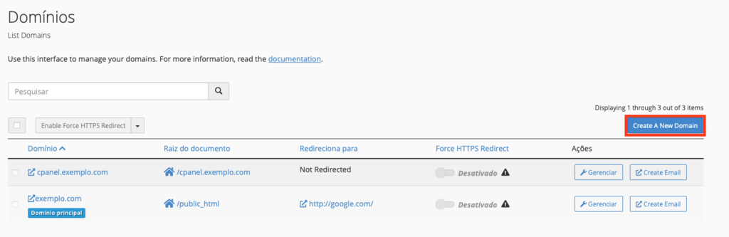 criando novo dom&iacute;nio no cpanel