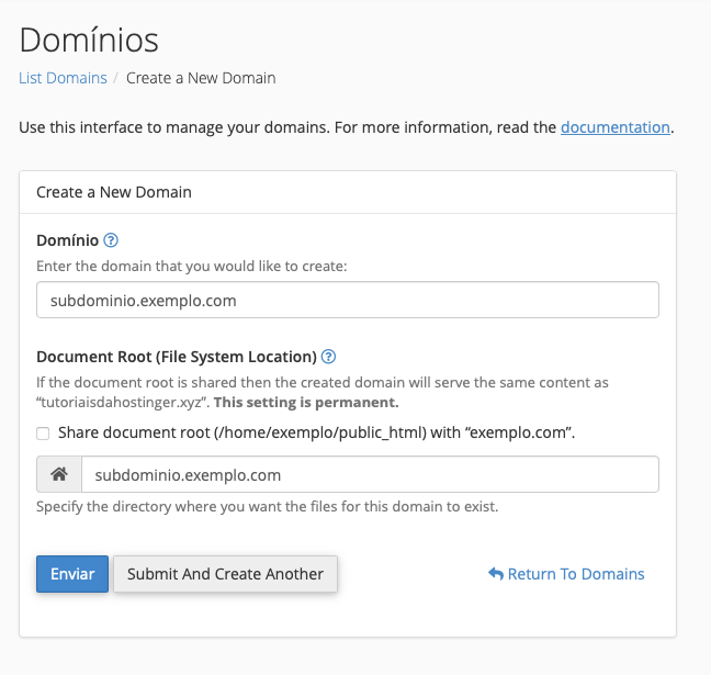 criando novo subdom&iacute;nio no cpanel