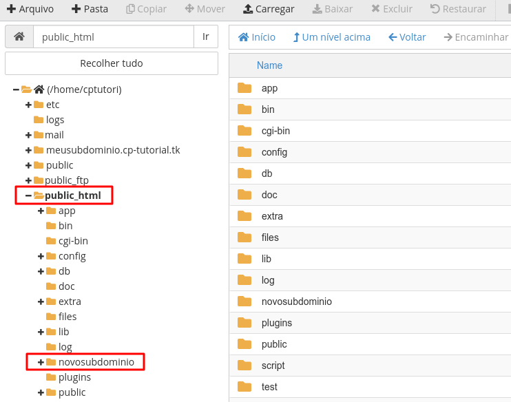 acessar publich_html do subdom&iacute;nio criado