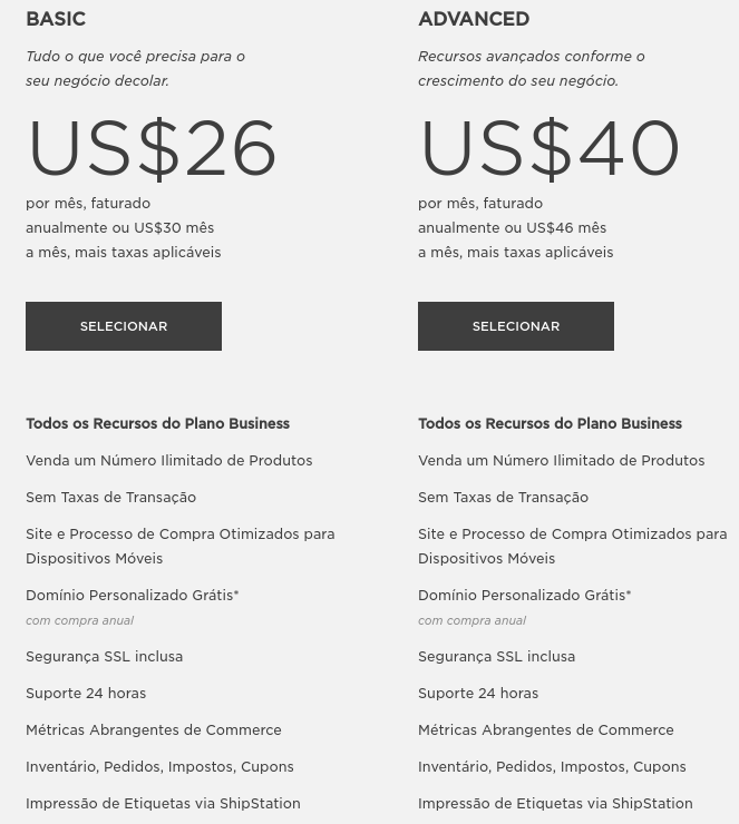 preços dos planos básico e avançado para ecommerce no squarespace