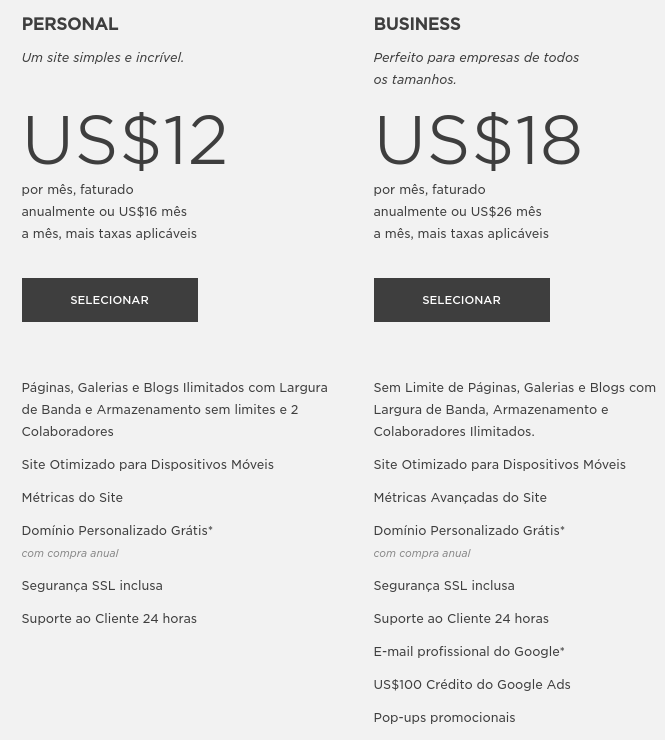 preços do plano pessoal e business no squarespace
