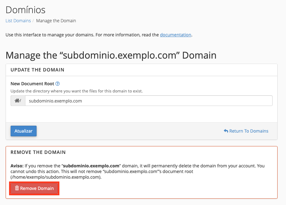 removendo dom&iacute;nio no cpanel