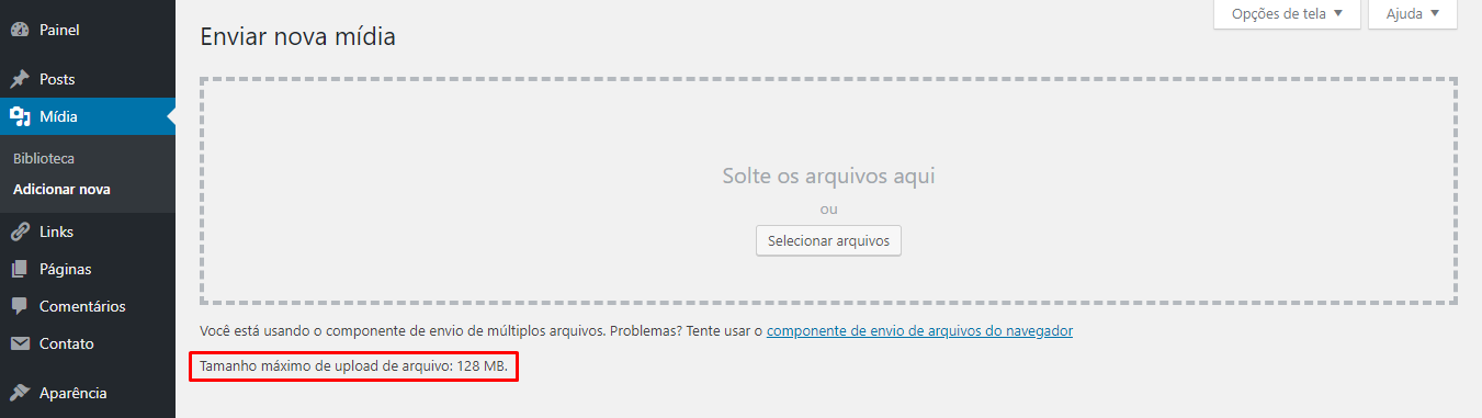 Verificar painel de controle wordpress para saber os limites disponíveis