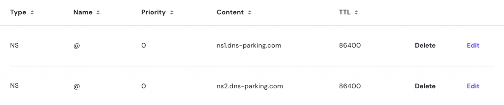 registro ns no editor de zona dns do hpanel