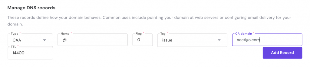 adicionando registro caa ao editor de zona dns do hpanel