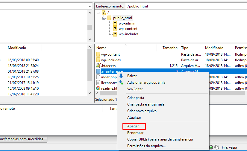 Tela to cliente FTP, com o arquivo maintenance e a op&ccedil;&atilde;o Apagar destacados