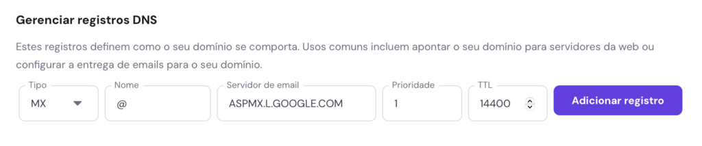 adicionando registro mx ao editor de zona dns do hpanel