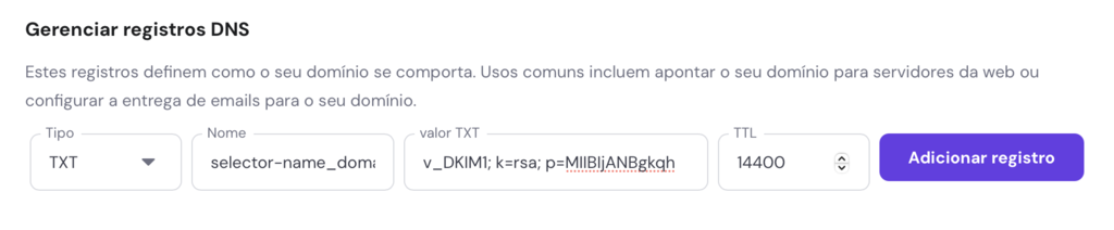 adicionando registro txt ao editor de zona dns do hpanel