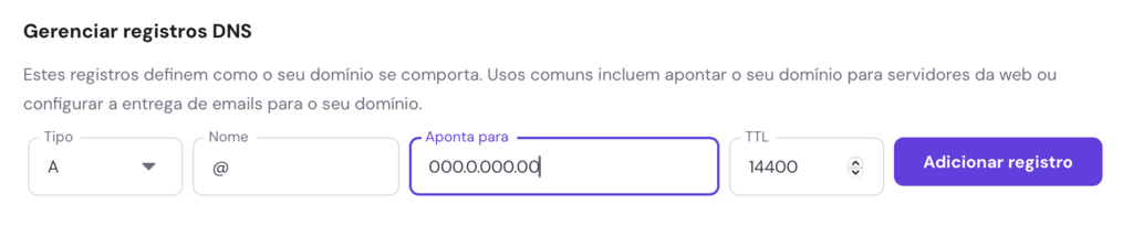 adicionando registro a no editor de zona dns do hpanel