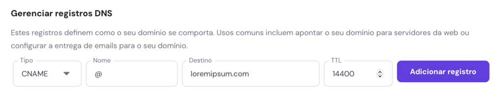 adicionando registro cname no editor de zona dns do hpanel