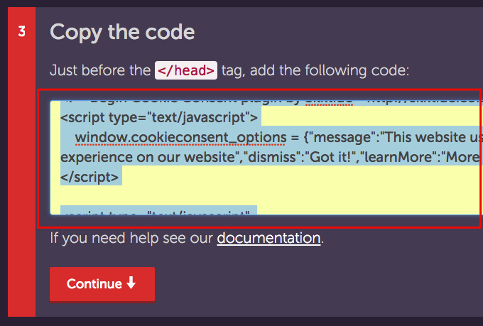 c&oacute;digo de aviso de cookies