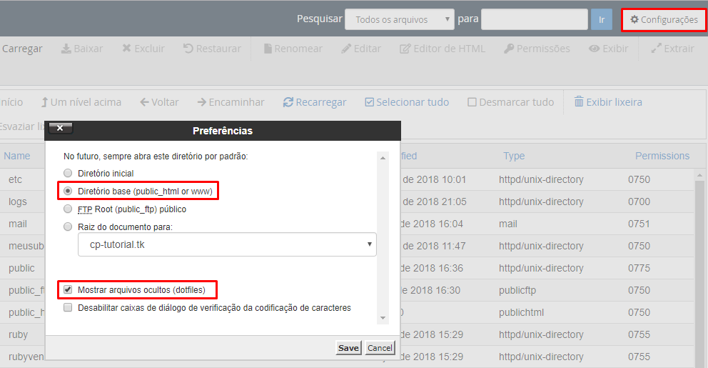 configura&ccedil;&otilde;es no gerenciador de arquivos